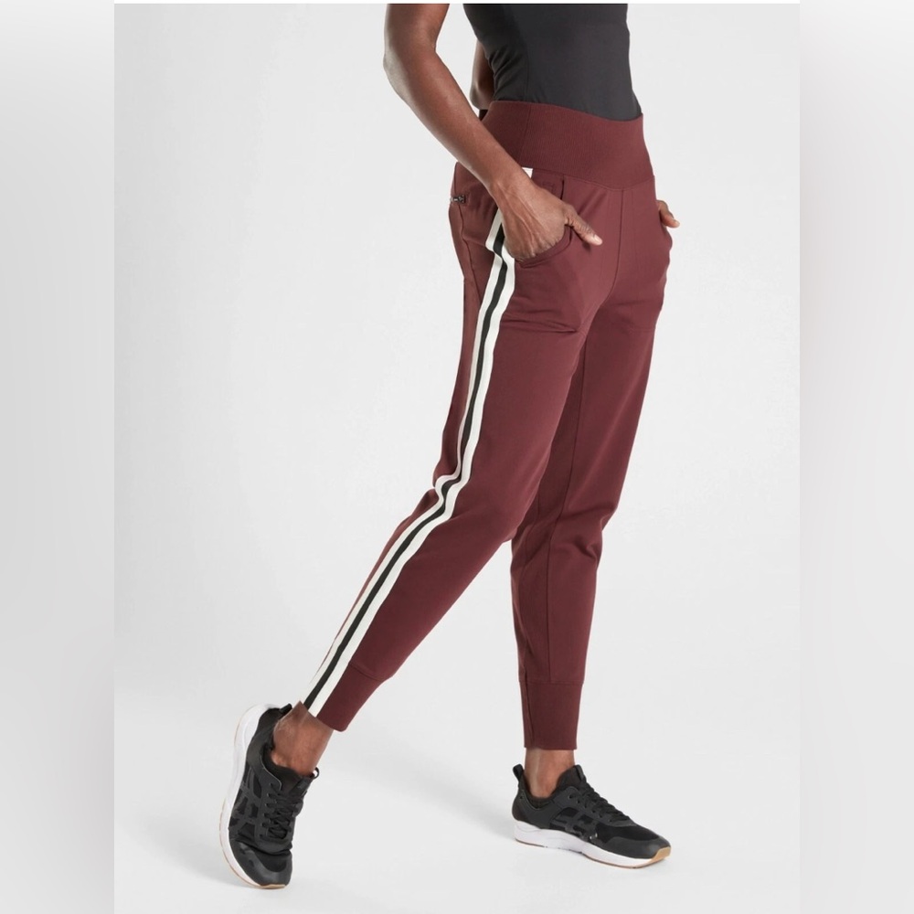 Athleta Venice High Rise Jogger, Burgundy with Side Stripe, MSRP $89, S
